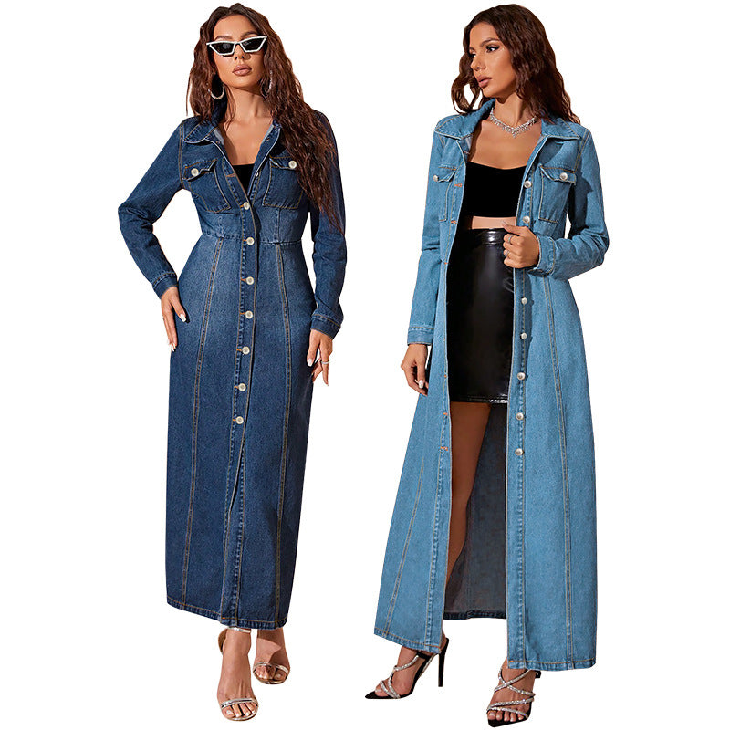 Denim Light Blue/Gradient Dark Blue Turn-Down Collar Button-Up Long Sleeve Maxi Jean Dress