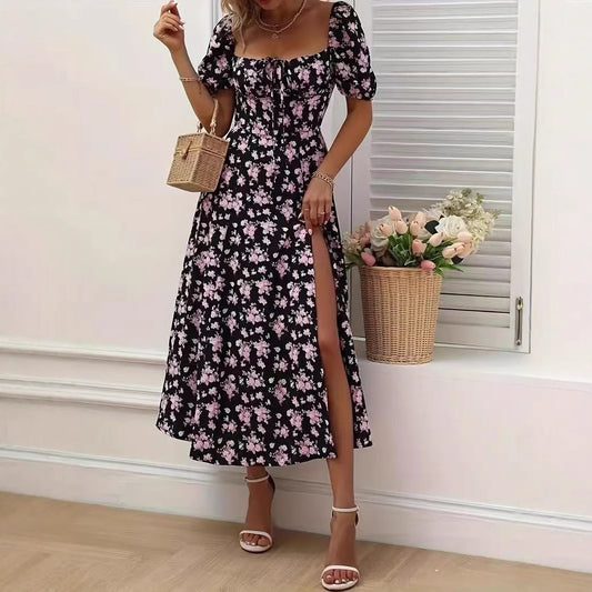 Floral Print Bohemian Short Sleeve High Side Slit Lace-Up Beach Maxi Dress