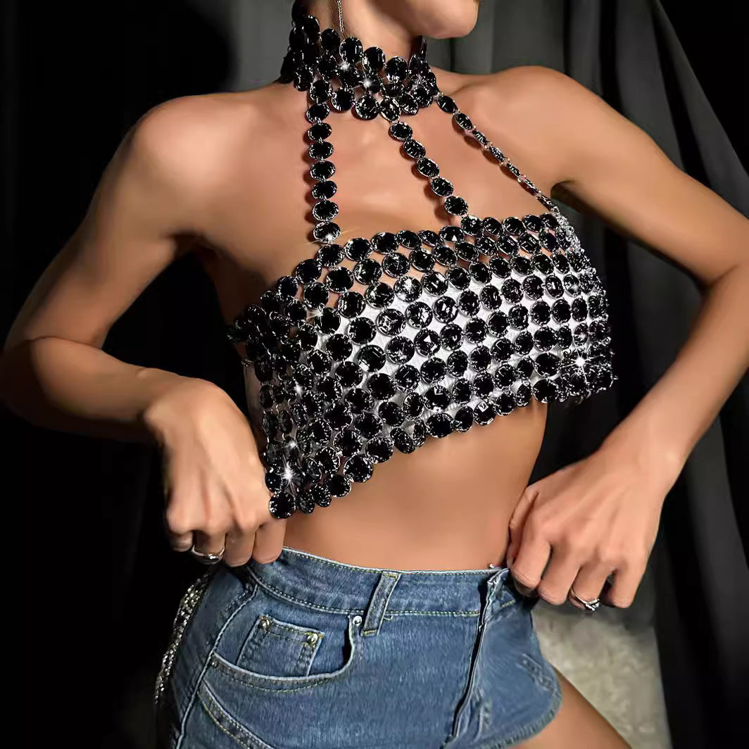 Metallic Gem Embroidery Choker Neck Backless Women's Cami Xrop Halter Tube Top