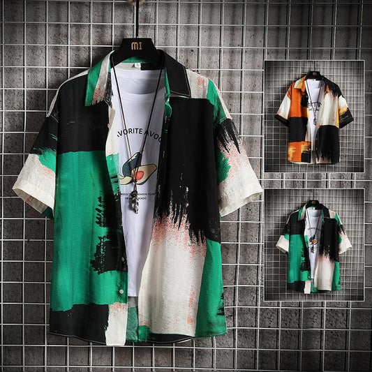 Men's Colorblock Tie-Dye Short Sleeve Turn-Down Collar Shirt
