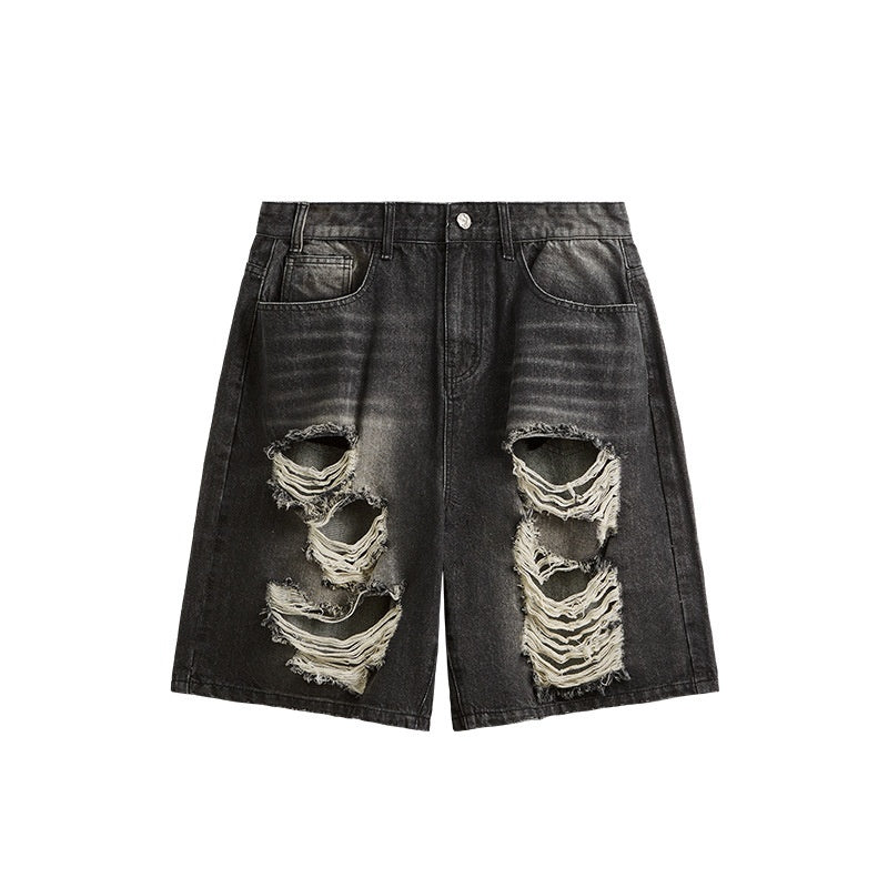 Denim Black Washed Streetwear Hip-Hop Ripped Fringe Raw Edge Pocketed Jean Shorts