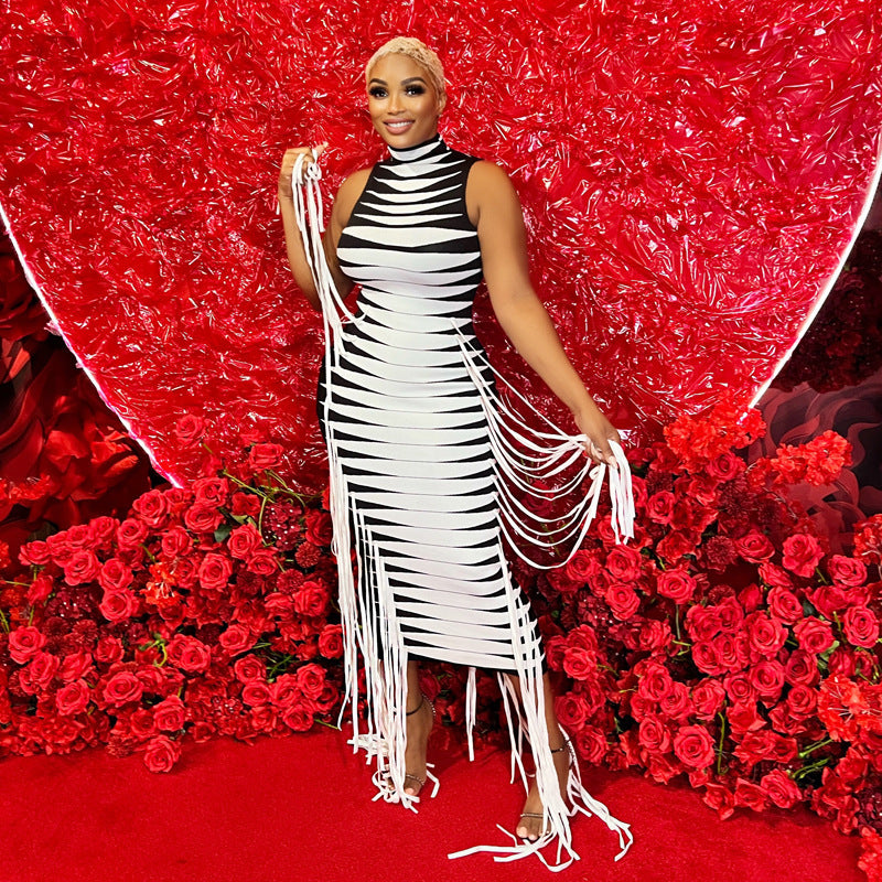 Striped Black/White Colorblock Hanging Tassel Fringe Design Sleeveless Maxi Dress