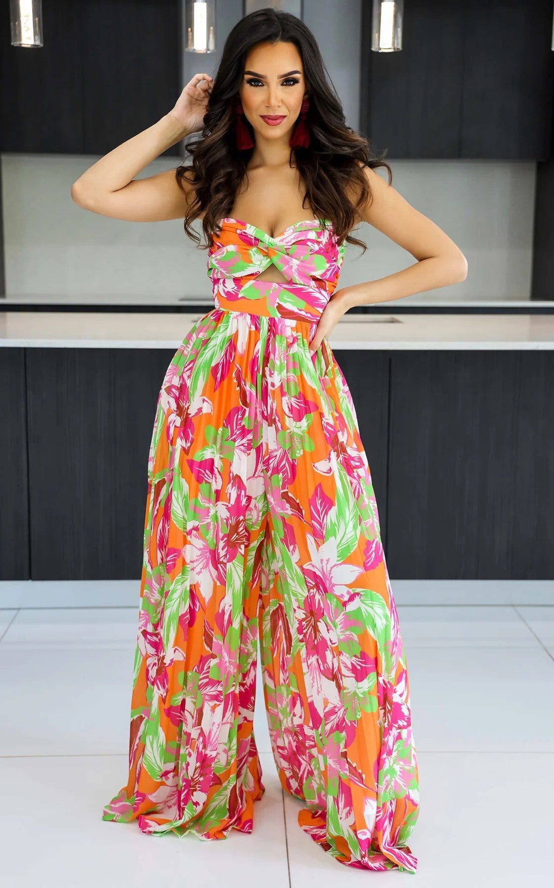 Pleated Sleeveless Tropical Floral Print Women's Hollow-Out Tube Top Wide Leg Pants Jumpsuit