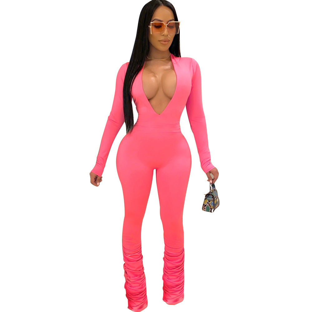 Skin Tight Deep V-Neck Women's Long Sleeve Solid Color Jumpsuit to 3X Plus Size