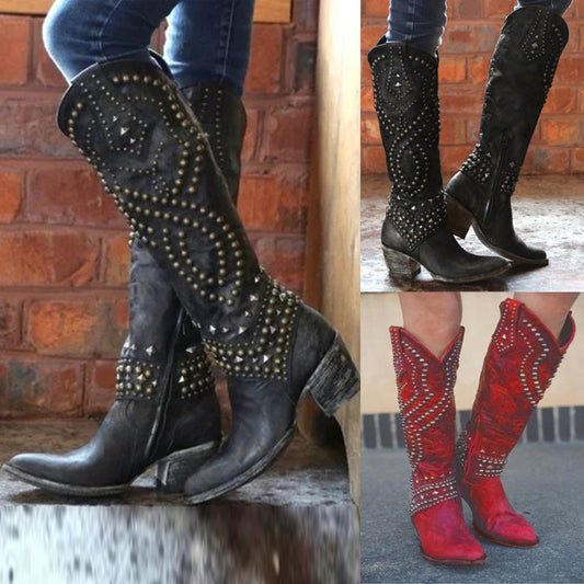 Western Rivet Stud Design Women's Chunky Heel Knee-High Cowgirl Boots