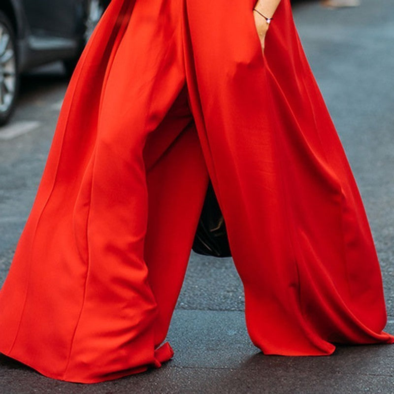 Bright Red Flat Oversized Sleeveless Front Slit Layered Wide Leg Tube Top Jumpsuit