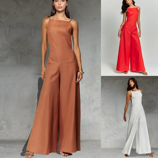 Wide Leg Solid Color Backless Suspender Sleeveless Wide Leg Women's Jumpsuit