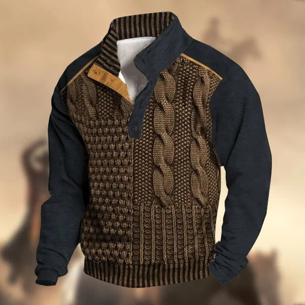 Men's Knitted Buckle Weave Pattern Mandarin Collar Long Sleeve Sweater