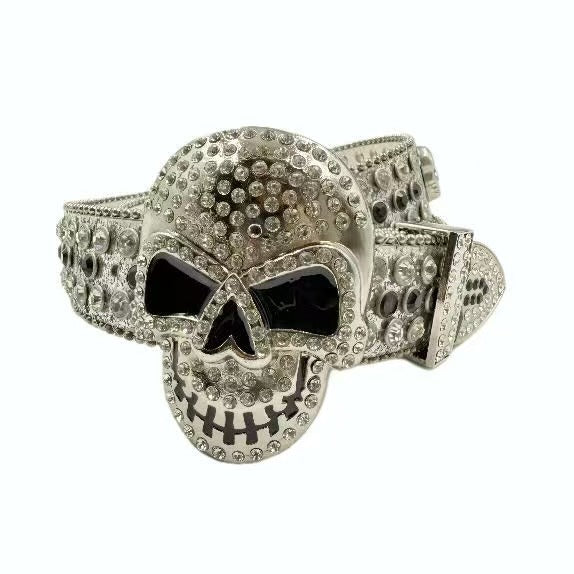 Metallic Rhinestone Skull Hip-Hop Pendant Decor Belt