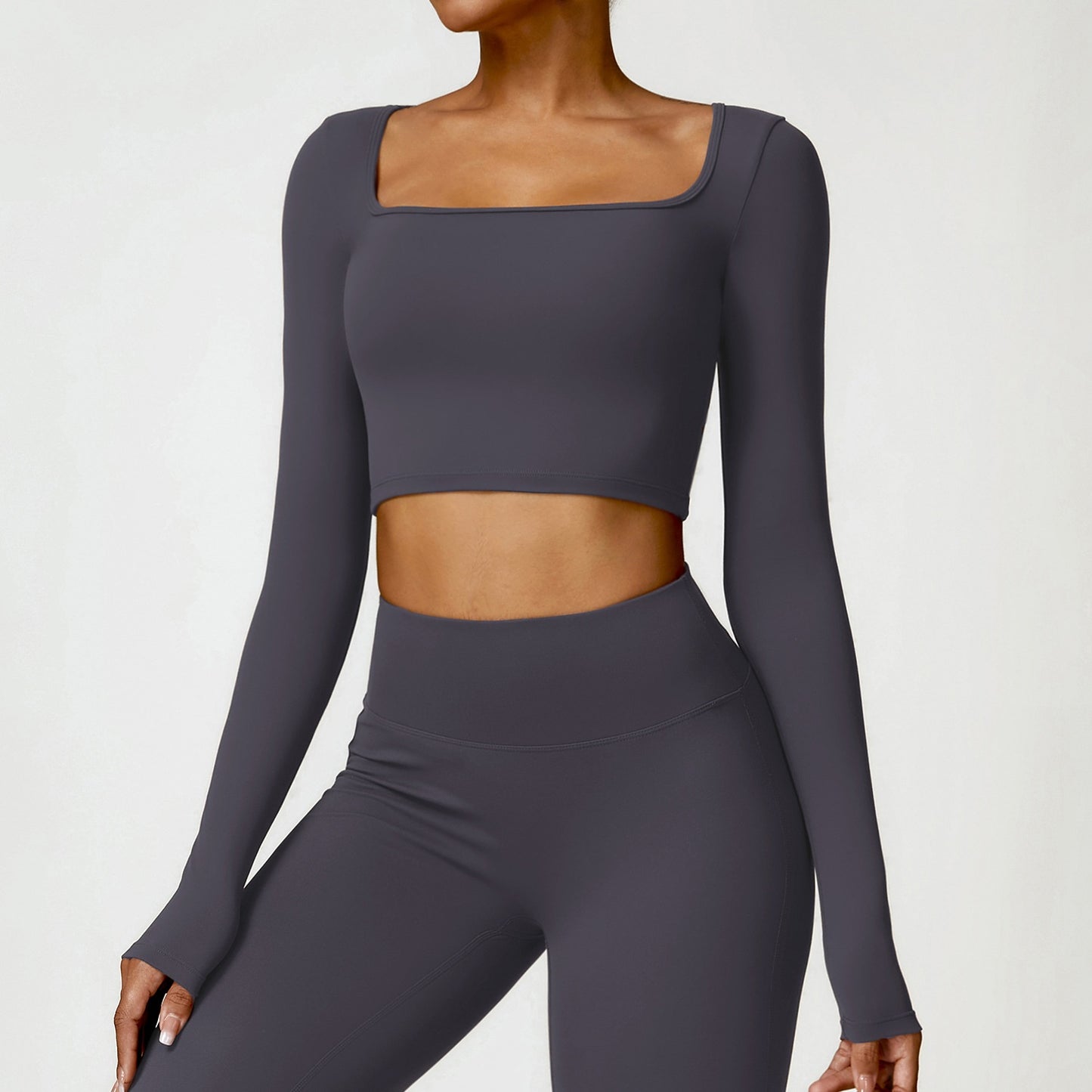 Fitness Long Sleeve Solid Color Workout Crop Top + Leggings Women's 2-Piece Gym Set
