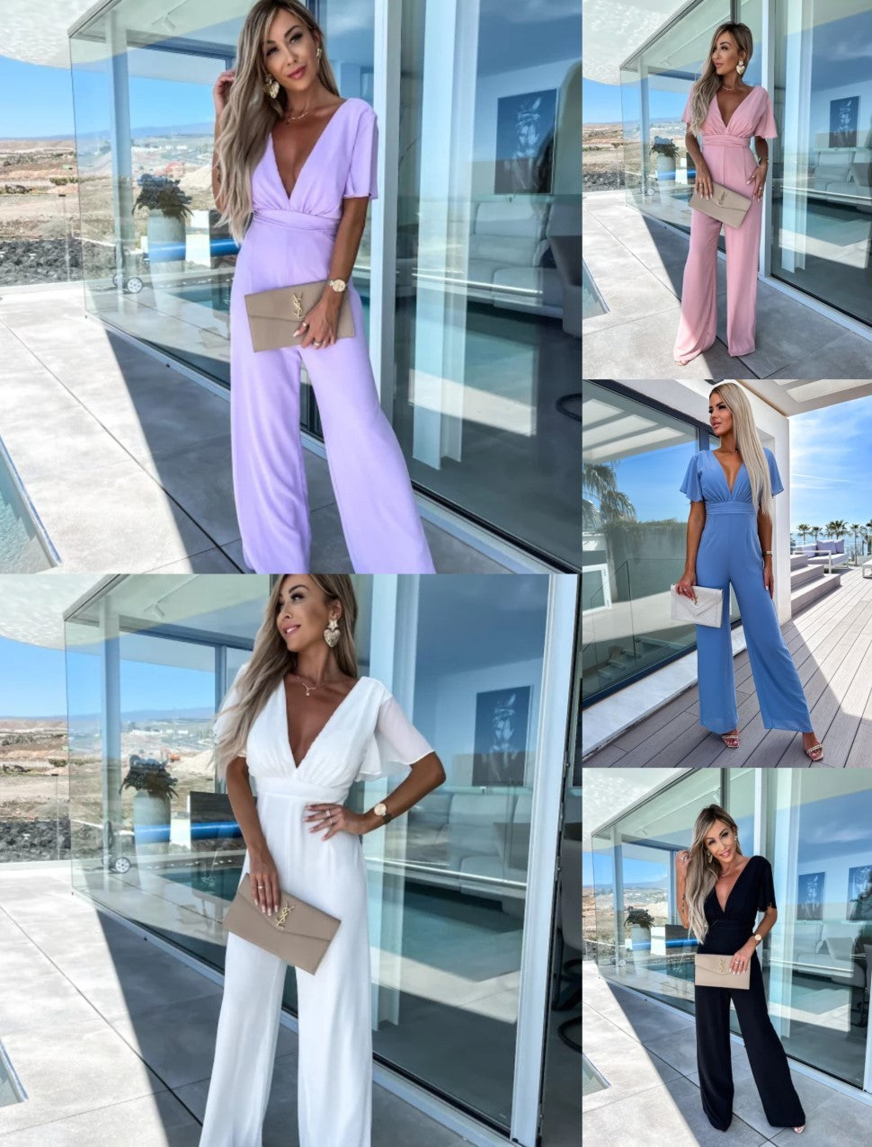 Deep V-Neck Women's Short Sleeve Cinched Waist Wide Leg Trouser Pants Jumpsuit