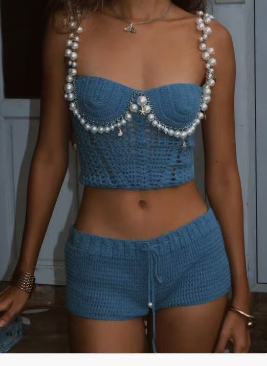 Crochet Pearl Beaded Spaghetti Strap Crop Tank Top + Mini Shorts Women's 2-Piece Knitted Set