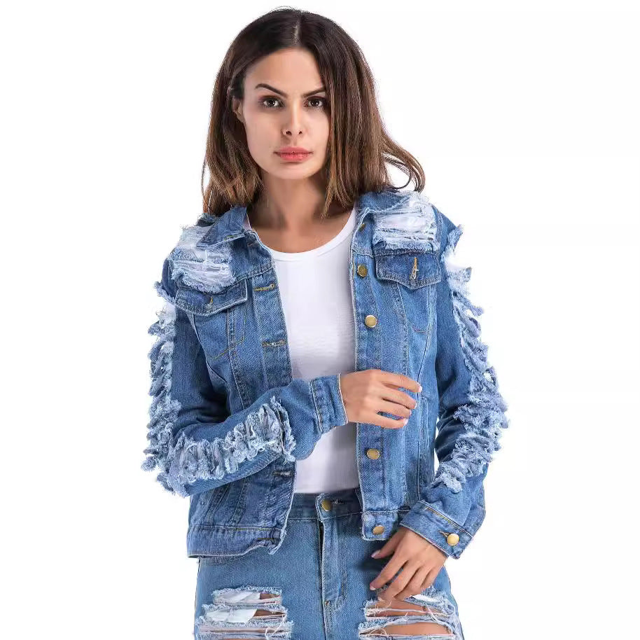 Denim Ripped Fringe Design Women's Jean Jacket