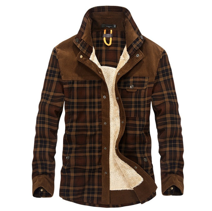 Men's Plaid Colorblock Fleece Lined Pure Cotton Button-Up Jacket