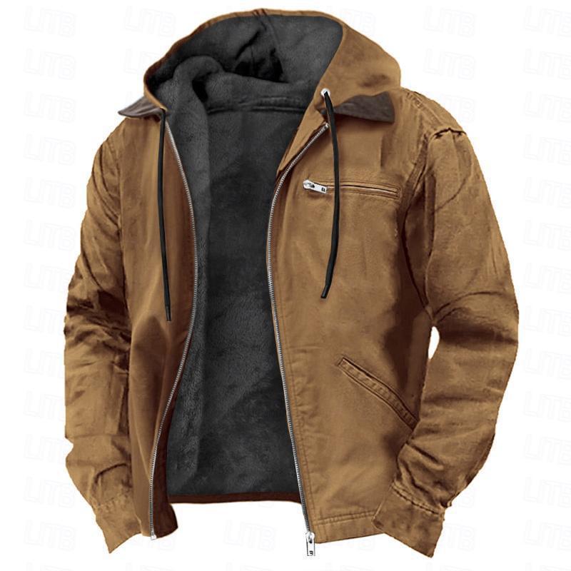 Men's Hooded Pocketed Warm Fleece Lined Zipper Jacket