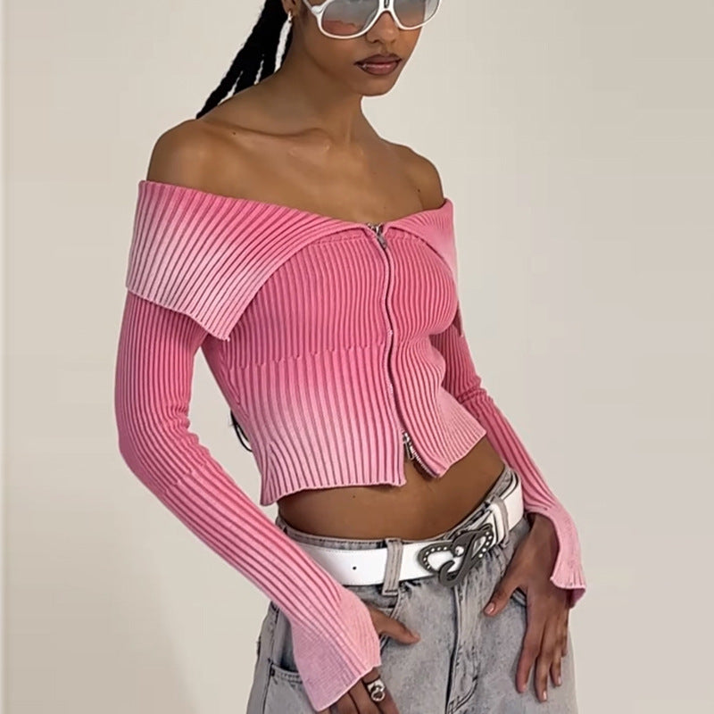 Gradient Zipper Front Off-the-Shoulder Long Sleeve Women's Crop Sweater