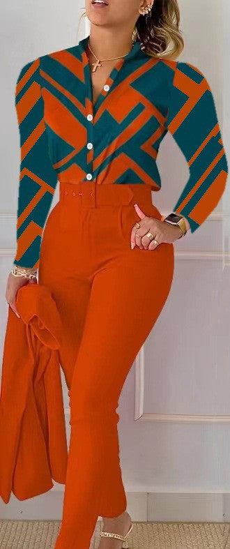 Floral/Geometric/Baroque/Colorblock Gradient Print Long Sleeve Blouse + Solid Color Pants w/ Belt 2-Piece Office Attire Set