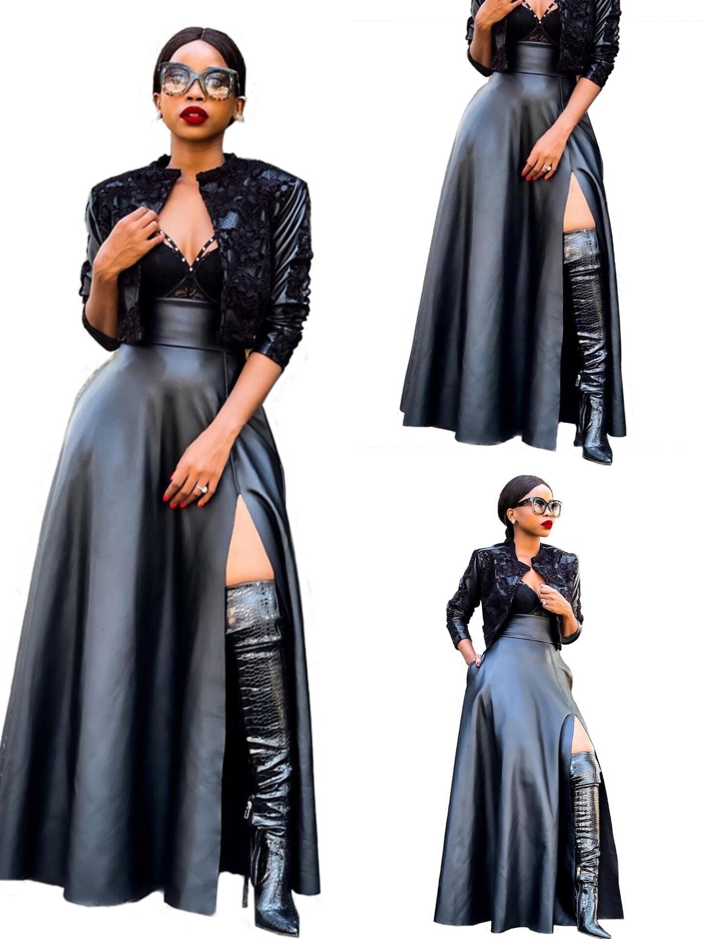 PU Leather Solid Color Women's High Slit Irregular Maxi Skirt