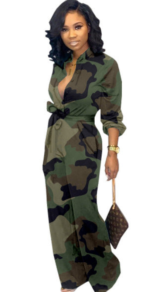 Camoflauge V-Neck Long Sleeve Women's Wide Leg Jumpsuit