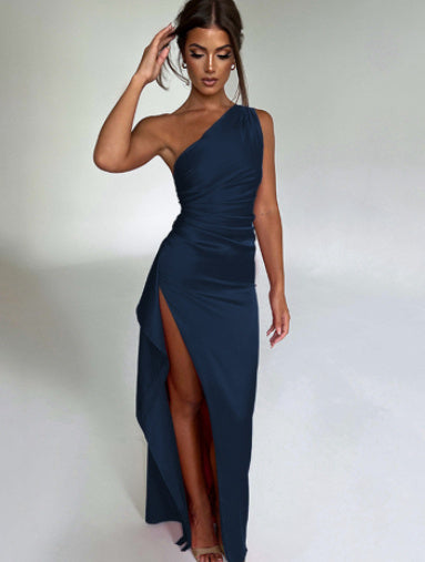 Satin Asymmetrical One-Shoulder Backless High Slit Solid Color Formal Party Prom Maxi Dress