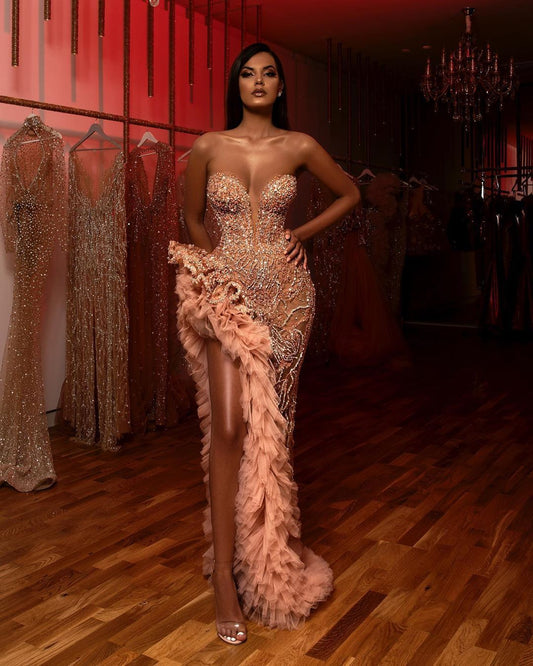 Pink Feather Metallic Sequin Design Sleeveless High Slit Tube Top Formal Maxi Party/Prom Dress