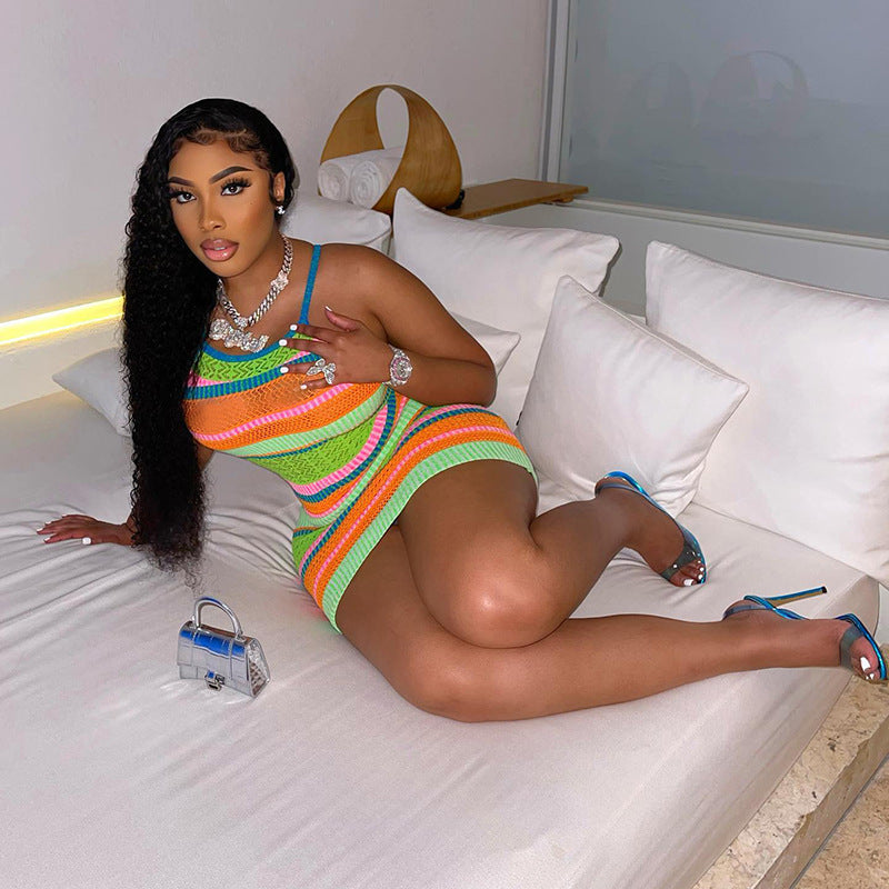 Rainbow Pastel Striped Knitted Spaghetti Strap Mini Dress