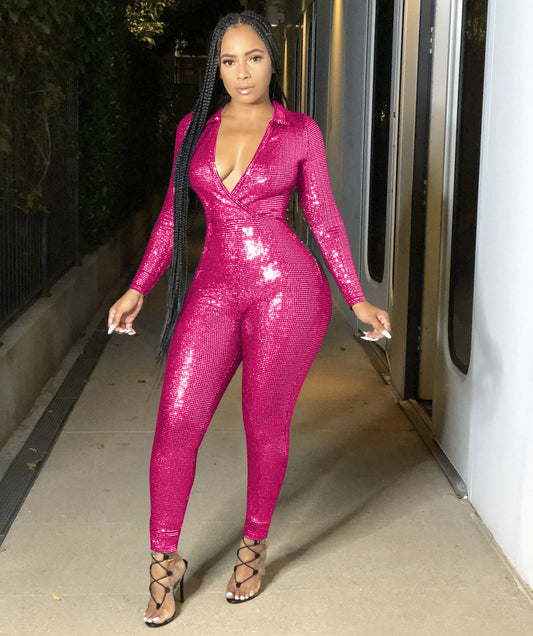 Sparkling Deep V-Neck Solid Color Long Sleeve Bodycon Jumpsuit