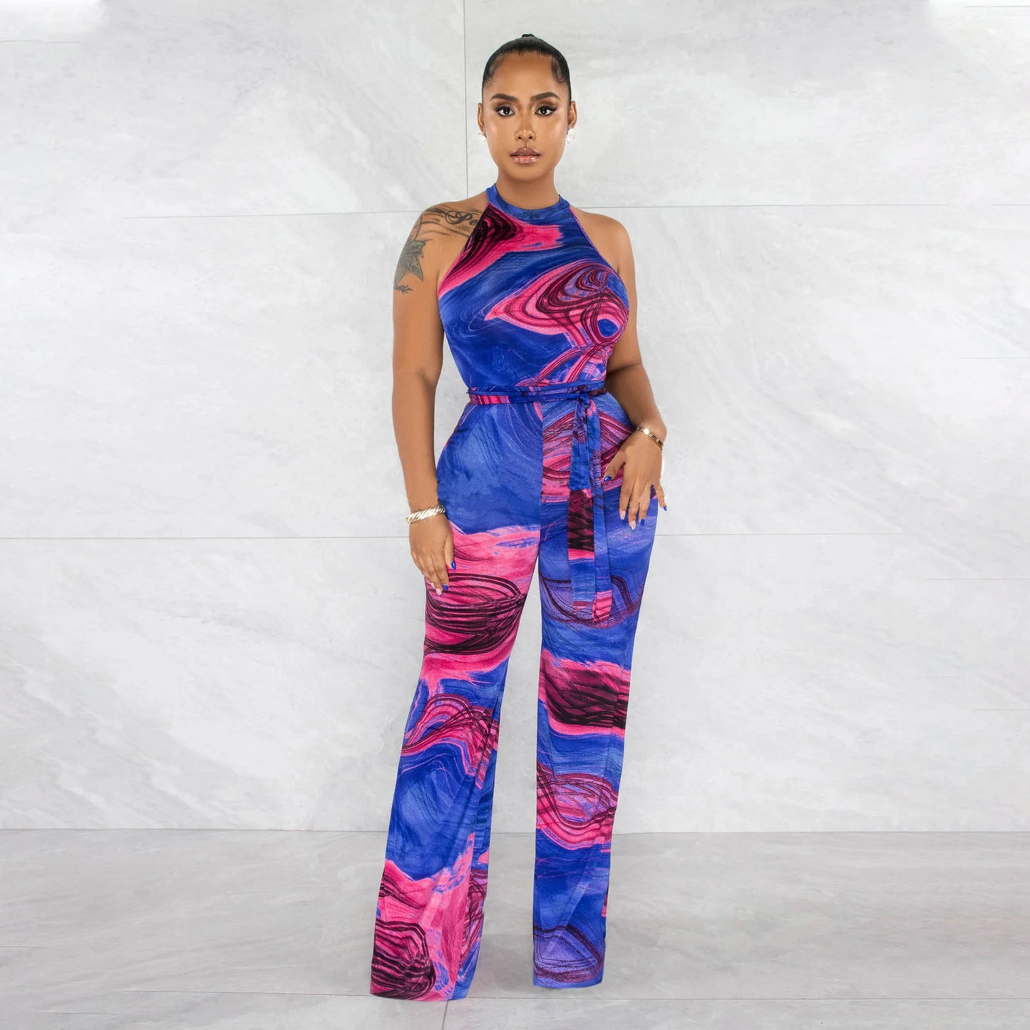 Tropical Floral Printed Halter Neck Sleeveless Sash Belted Jumpsuit