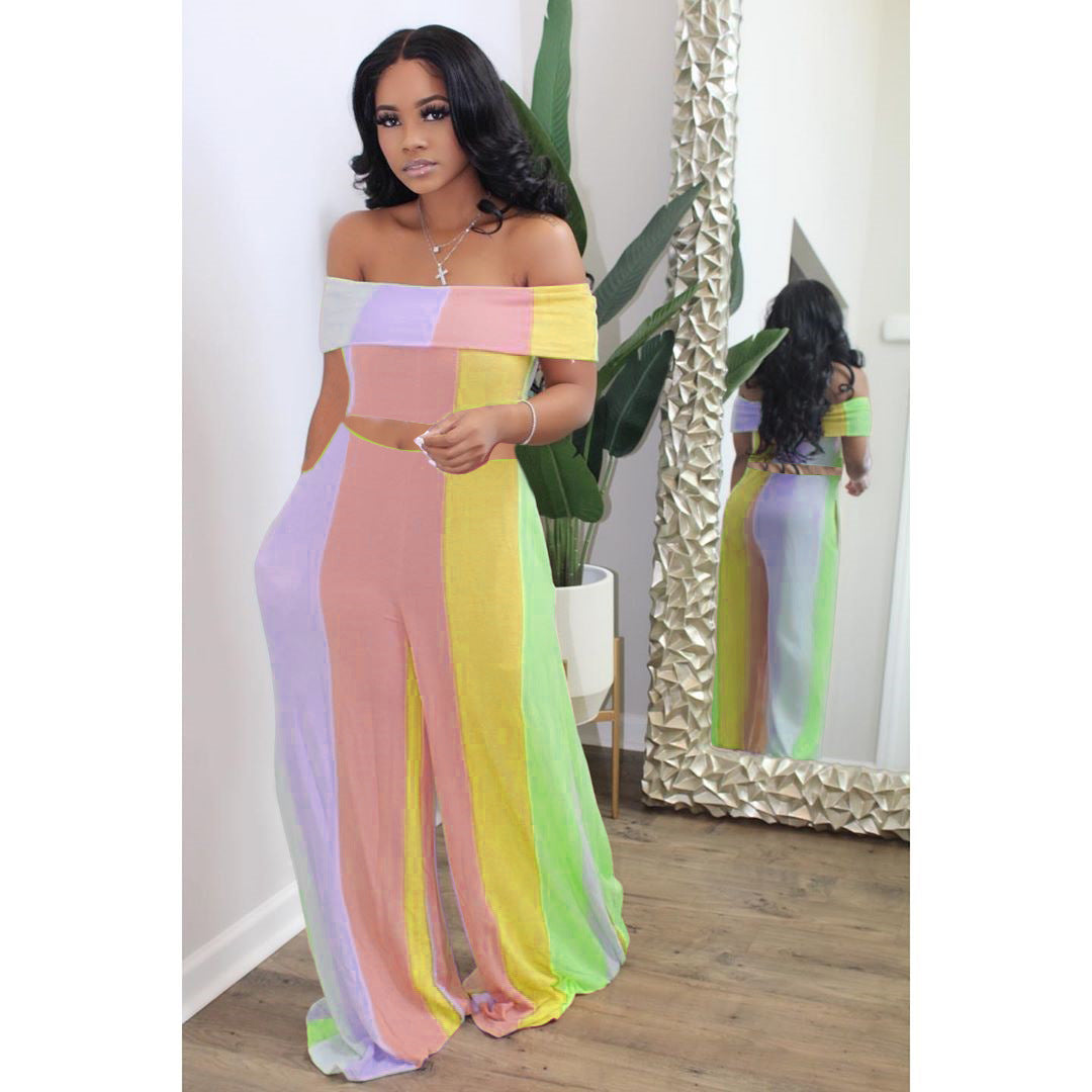 Pastel Striped Colorblock Women's Off-the-Shoulder Crop Top + Wide Leg Loose Leggings 2-Piece Set to 4X Plus Size