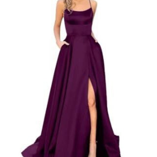 Silk Solid Color Halter Spaghetti Strap High Slit Bridesmaid/Party Formal Dress to 3X Plus Size