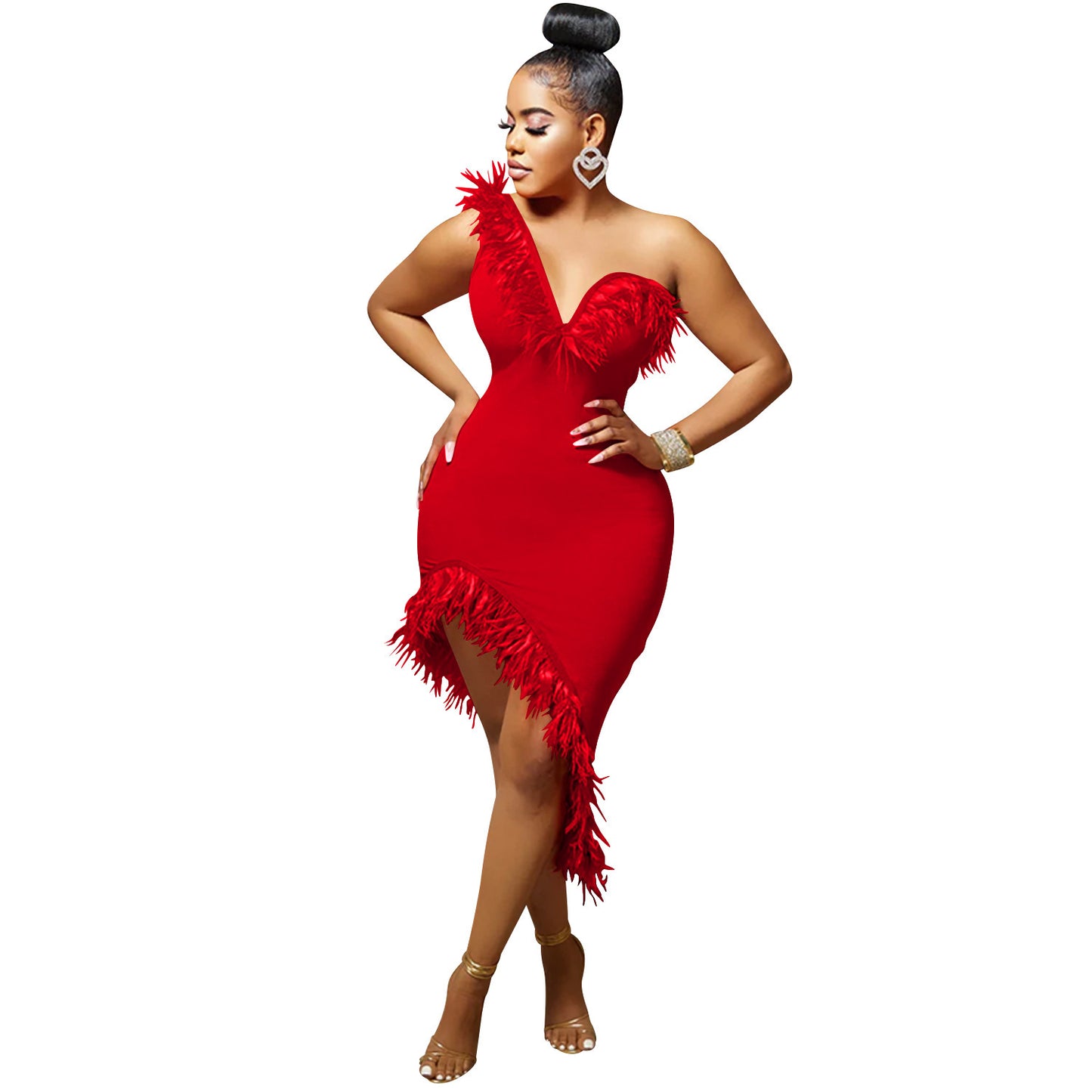 Asymmetrical One Shoulder Feather Design V-Neck Sleeveless Irregular Formal Midi Dress