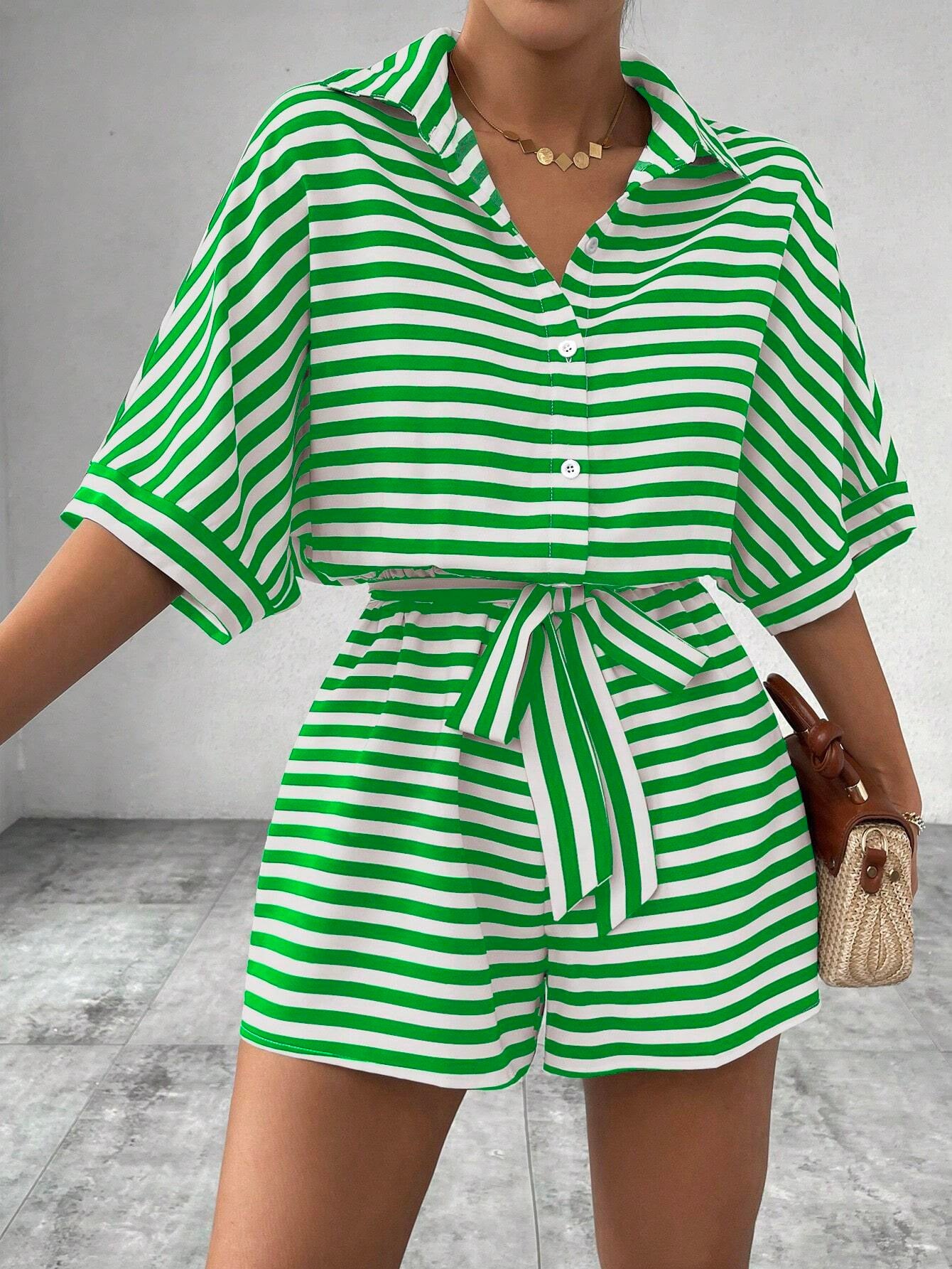 Striped Turn-Down Collar Button 1/2 Sleeve Sash Belted Women's Shorts Romper