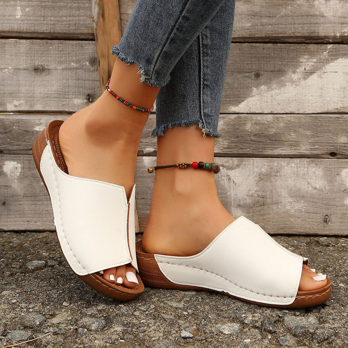 Flat Split Solid Color PU Leather Women's Thick Sole Sandals