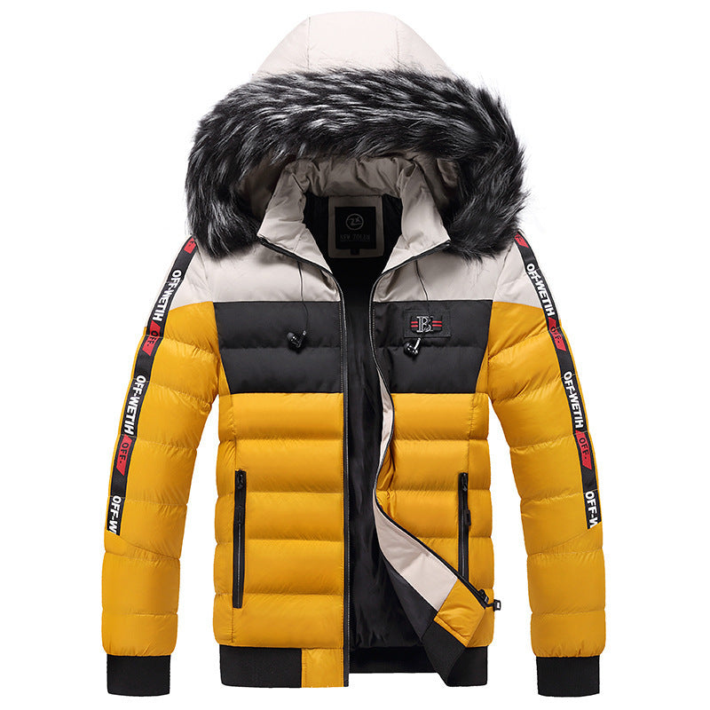 Men's Ribbed Colorblock Furry Hooded Down Puffer Ski Jacket