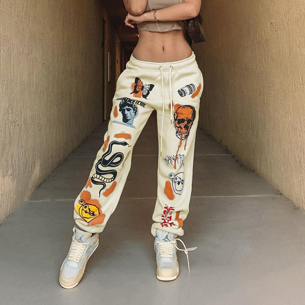 Butterfly Skull Graffiti Print Hip-Hop Streetwear Women's Elastic Waist Sweatpants