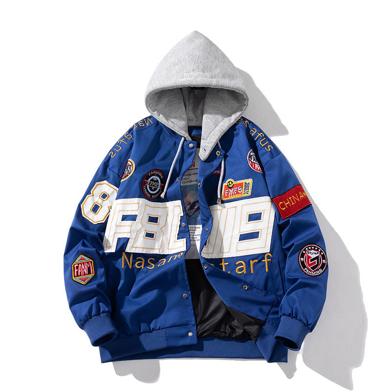 Unisex Patchwork Letter Print O-Neck Zipper Hip-Hop Baseball Bomber Jacket w/ Detachable Hood