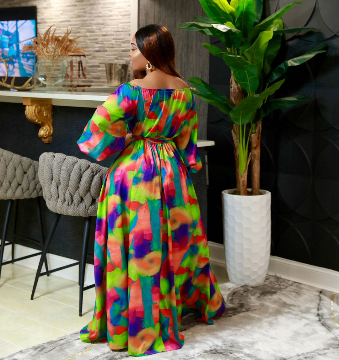 Geometric Multi-Colored Print Off-the-Shoulder Bubble Sleeve Flared Maxi Dress to 3X Plus Size