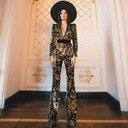 Floral Gold/Black Metallic Sequin Women's Deep V-Neck Tuxedo Blazer Jacket + Flared Leg Pants Formal Suit