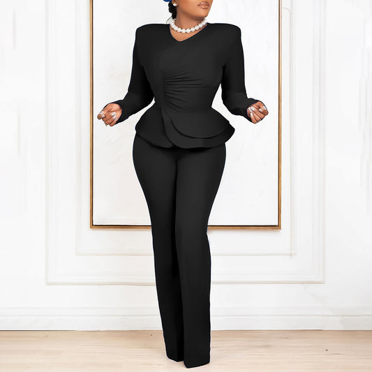 Fashion OL Ruffled V-neck Top Pants European And American Two-piece Set
