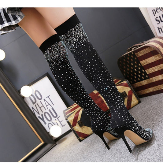 Black Rhinestone Embellished High Heel Over-the-Knee Pointed Toe Thin Heel Stretch Boots