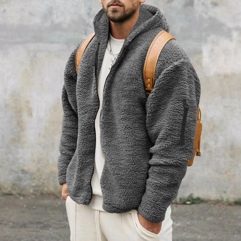 Men's Zipper Sleeve Design Plush Fleece Solid Color Reversible Teddy Hoodie Jacket