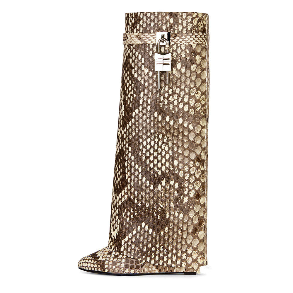 Snakeskin/Solid Color Metal Lock Pendant Women's High Heel Pointed Toe Slouch Boots