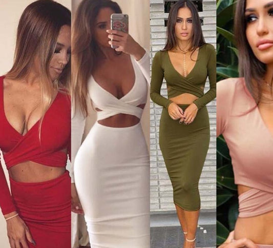 Bodycon Sexy V-Neck Hollow-Out  Long Sleeve Skinny Solid Color Party Dress
