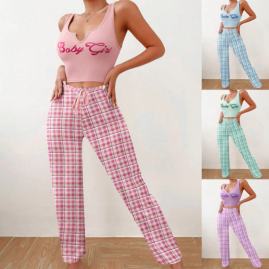 "Baby Girl" Print V-Neck Women's Tank Top + Plaid Drawstring Pants 2-Piece Set