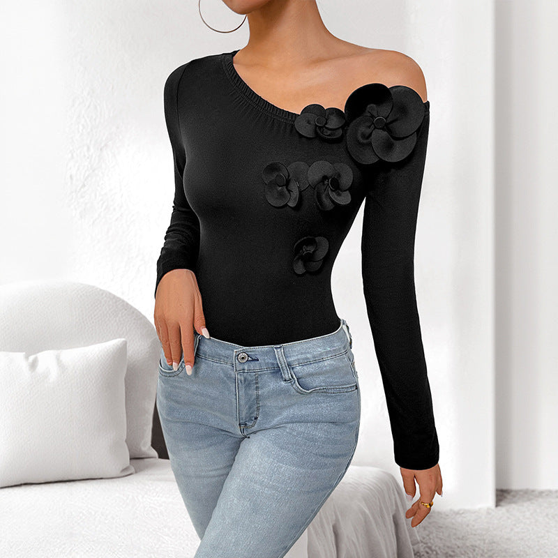 Black Big Flower Design Asymmetrical One Shoulder Long Sleeve Bodysuit