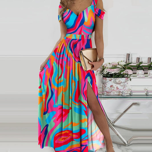 Hot Pink Rainbow Geometric Sleeveless Off-the-Shoulder High Slit Maxi Dress