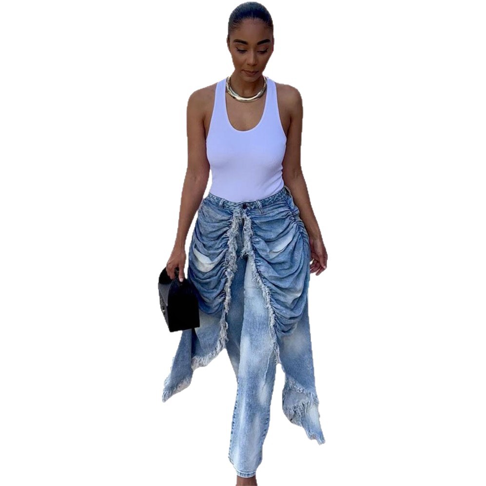 Denim Solid Color/Camoflauge Ruffled Tassel Fringe Design Women's Ruched Draped Layered Irregular Streetwear Jeans
