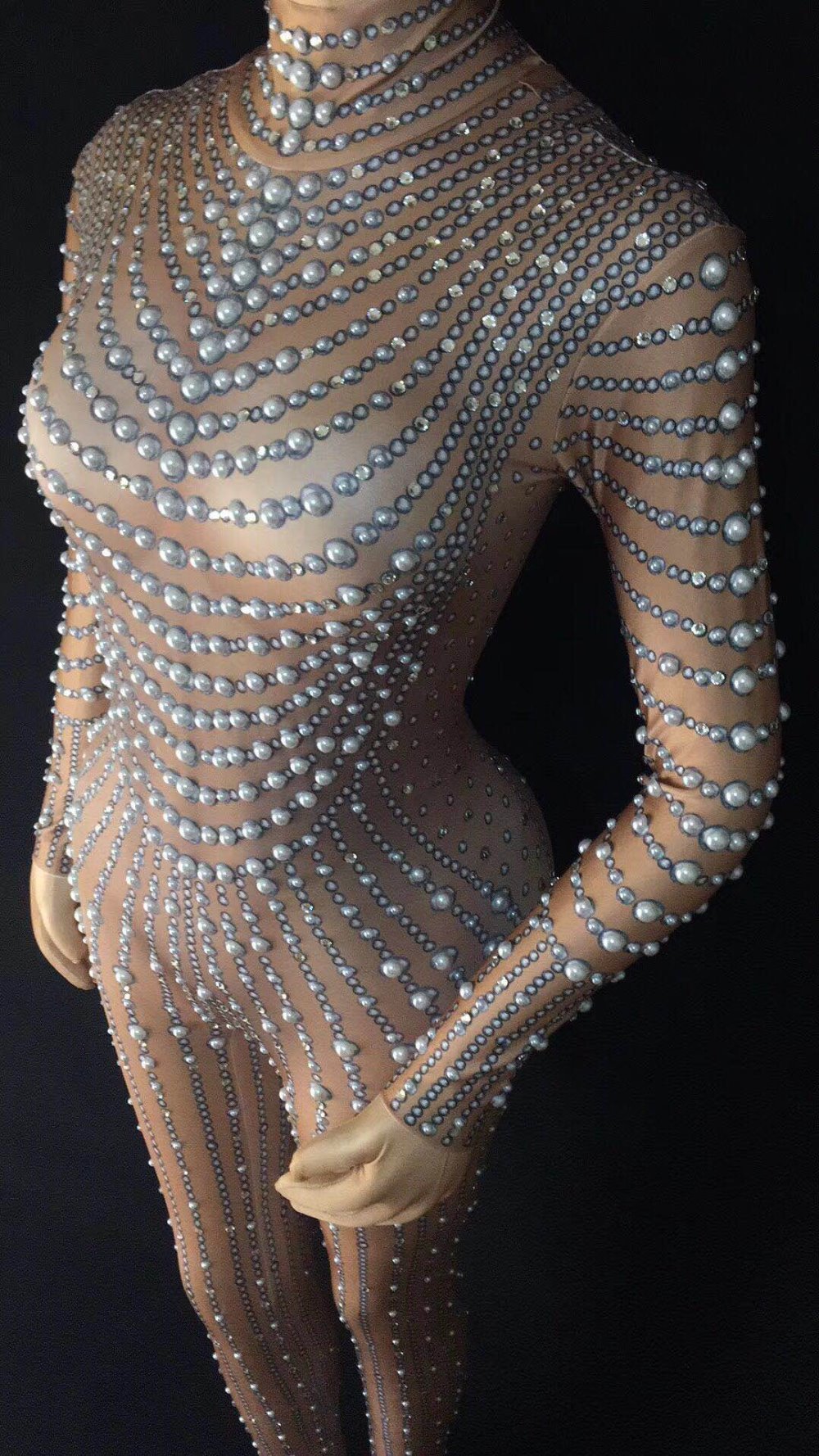 Pearl Beaded Embellished Flesh Tone Mock Neck Long Sleeve Stretch Zipper Back Women's Stage Performance Formal Jumpsuit
