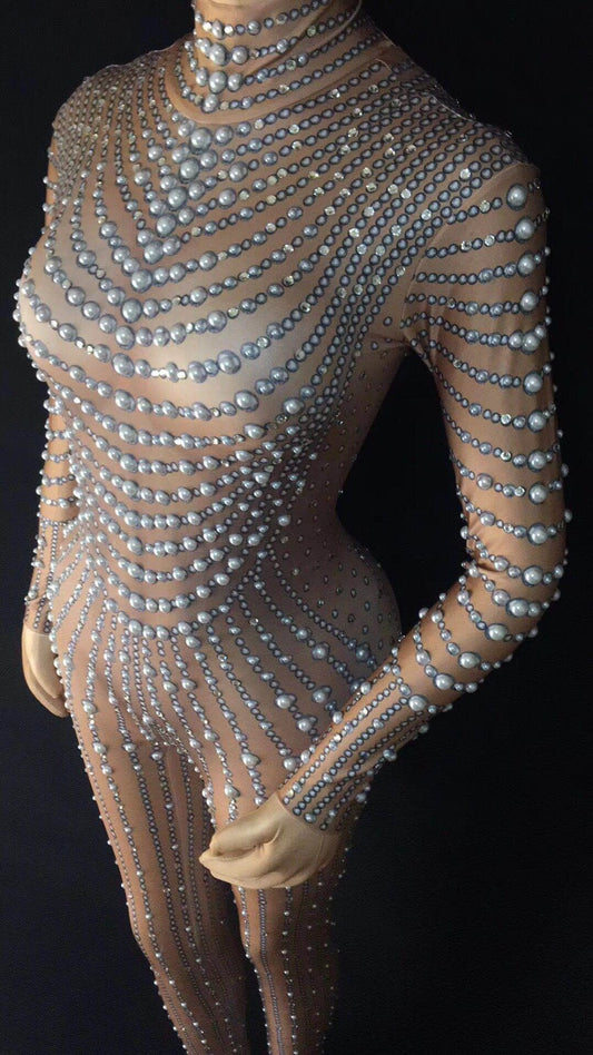 Pearl Beaded Embellished Flesh Tone Mock Neck Long Sleeve Stretch Zipper Back Women's Stage Performance Formal Jumpsuit