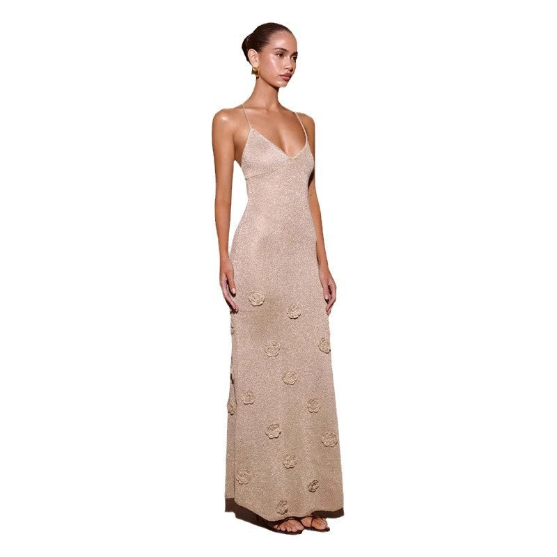 Knitted Crochet Flower Embroidered Glitter Sleeveless Spaghetti Strap Maxi Dress